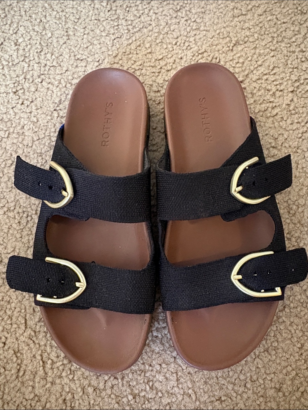 Rothy's Black Double-strap Slide Sandals with Gold Buckles